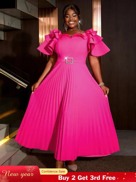 AOMEIDRESS Ruffled Short Sleeved Maxi Dress Round Neck Diamond Belt Rose / S