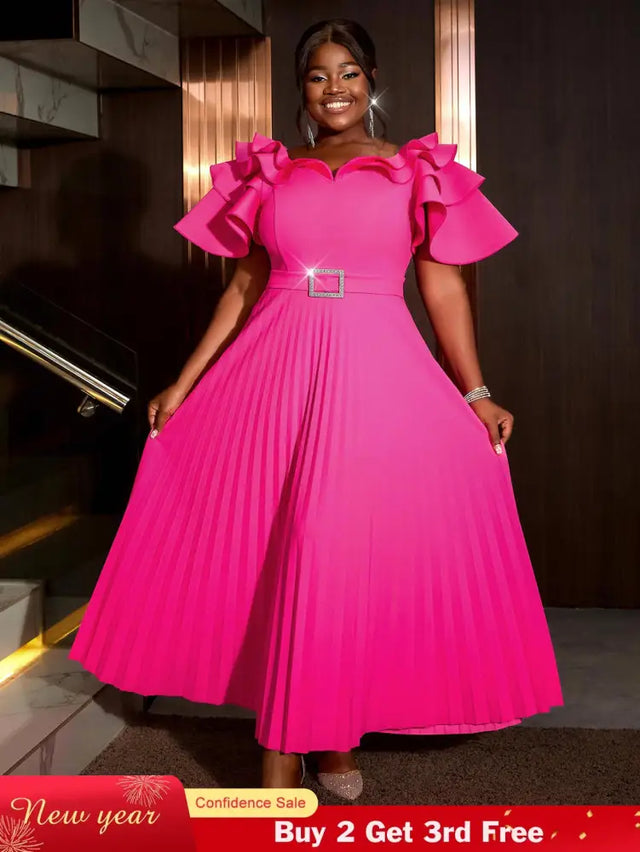 AOMEIDRESS Ruffled Short Sleeved Maxi Dress Round Neck Diamond Belt Rose / S