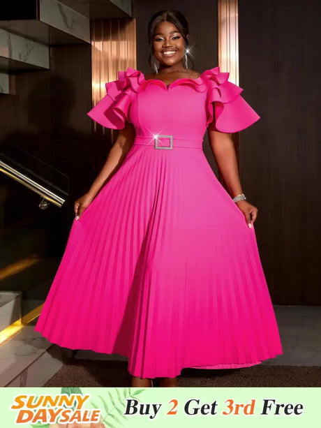 AOMEIDRESS Ruffled Short Sleeved Maxi Dress Round Neck Diamond Belt Rose / S