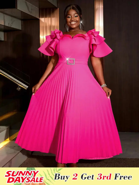 AOMEIDRESS Ruffled Short Sleeved Maxi Dress Round Neck Diamond Belt Rose / S