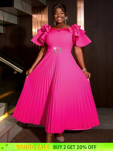 AOMEIDRESS Ruffled Short Sleeved Maxi Dress Round Neck Diamond Belt Rose / S