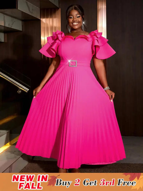 AOMEIDRESS Ruffled Short Sleeved Maxi Dress Round Neck Diamond Belt Rose / S