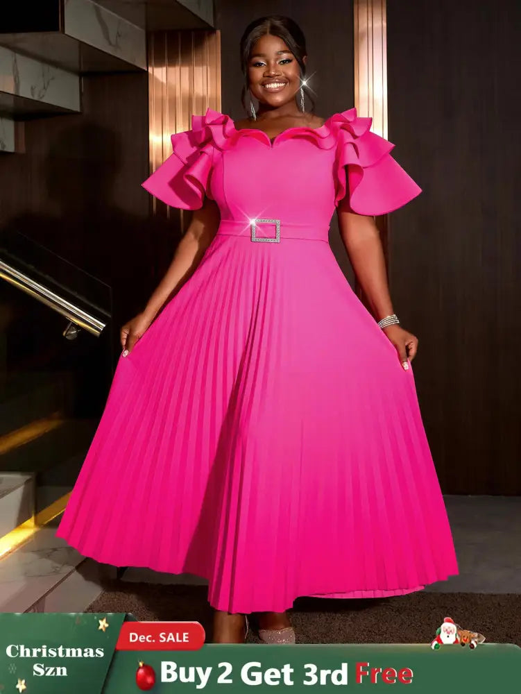 AOMEIDRESS Ruffled Short Sleeved Maxi Dress Round Neck Diamond Belt Rose / S