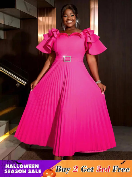 AOMEIDRESS Ruffled Short Sleeved Maxi Dress Round Neck Diamond Belt Rose / S