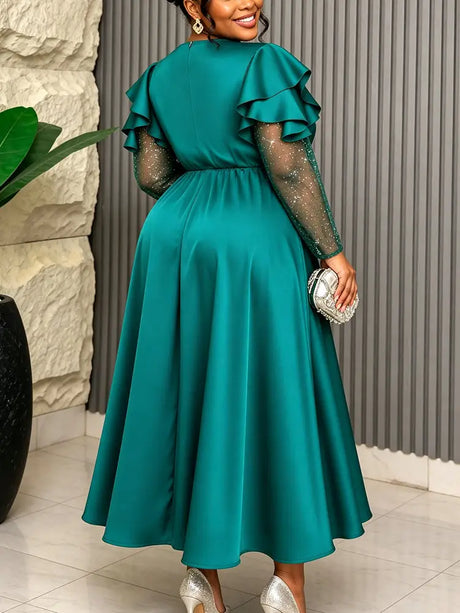 AOMEIDRESS Satin Dress V Neck Sequin Mesh Puff Ruffle Long Sleeve