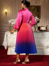 AOMEIDRESS Satin Gradient A Line Dress Bow Collar Lantern Sleeves