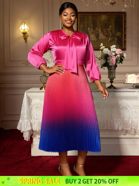 AOMEIDRESS Satin Gradient A Line Dress Bow Collar Lantern Sleeves Rose / L