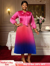 AOMEIDRESS Satin Gradient A Line Dress Bow Collar Lantern Sleeves Rose / L