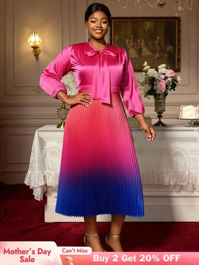 AOMEIDRESS Satin Gradient A Line Dress Bow Collar Lantern Sleeves Rose / L