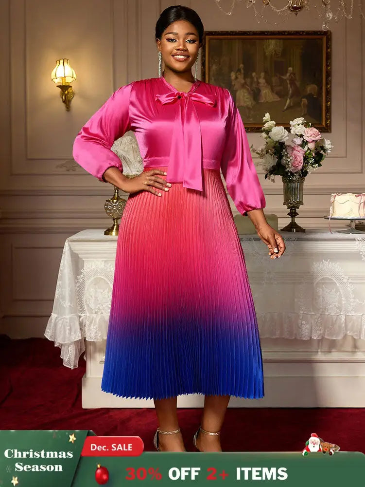 AOMEIDRESS Satin Gradient A Line Dress Bow Collar Lantern Sleeves Rose / L