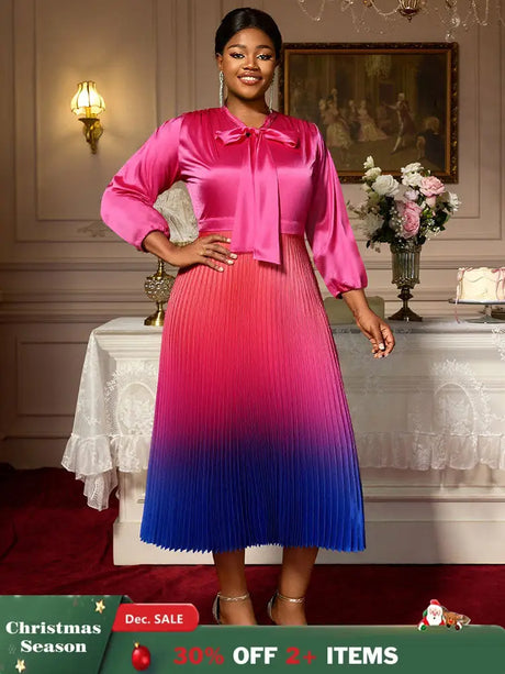 AOMEIDRESS Satin Gradient A Line Dress Bow Collar Lantern Sleeves Rose / L