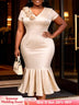 AOMEIDRESS Satin Mermaid Dresses V Neck Short Sleeves 3D Flower Gowns - champagne / S