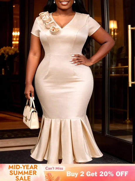 AOMEIDRESS Satin Mermaid Dresses V Neck Short Sleeves 3D Flower Gowns - champagne / S