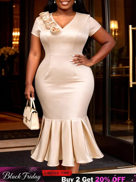 AOMEIDRESS Satin Mermaid Dresses V Neck Short Sleeves 3D Flower Gowns - champagne / S