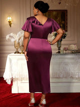 AOMEIDRESS Satin Package Hip Dress V Neck Ruffles Split Party Gown