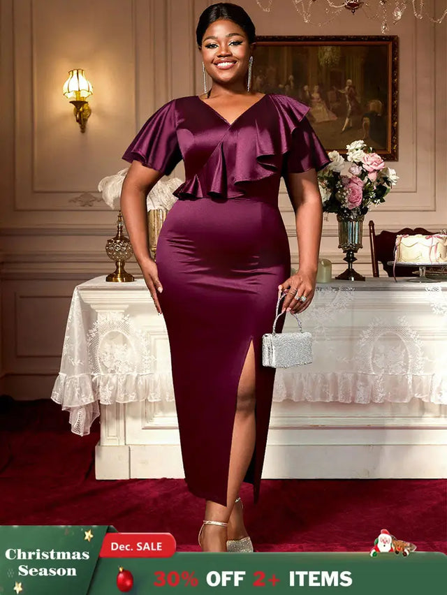 AOMEIDRESS Satin Package Hip Dress V Neck Ruffles Split Party Gown Wine / S