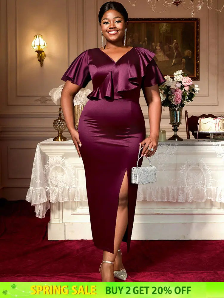 AOMEIDRESS Satin Package Hip Dress V Neck Ruffles Split Party Gown Wine / S