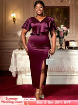 AOMEIDRESS Satin Package Hip Dress V Neck Ruffles Split Party Gown Wine / S