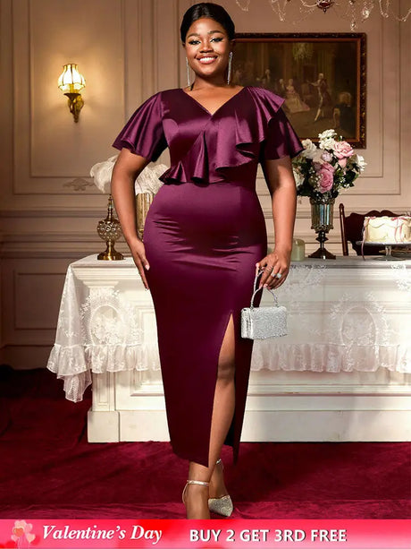 AOMEIDRESS Satin Package Hip Dress V Neck Ruffles Split Party Gown Wine / S