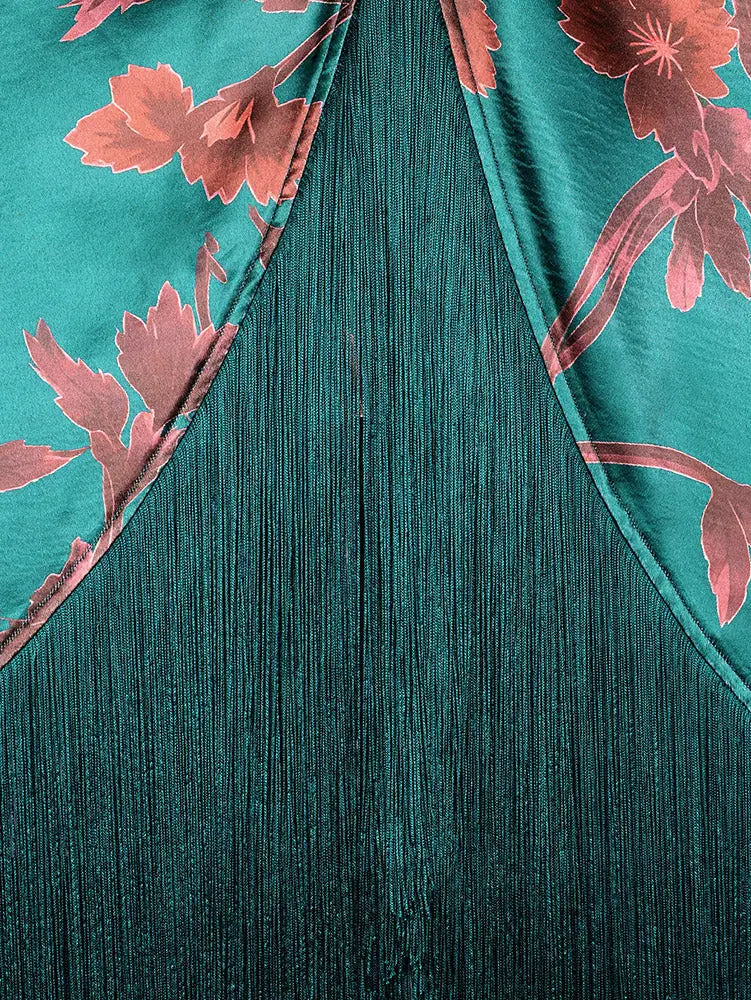 AOMEIDRESS Satin Printer BuBu Dress V Neck Long Batwing Sleeve Fringe