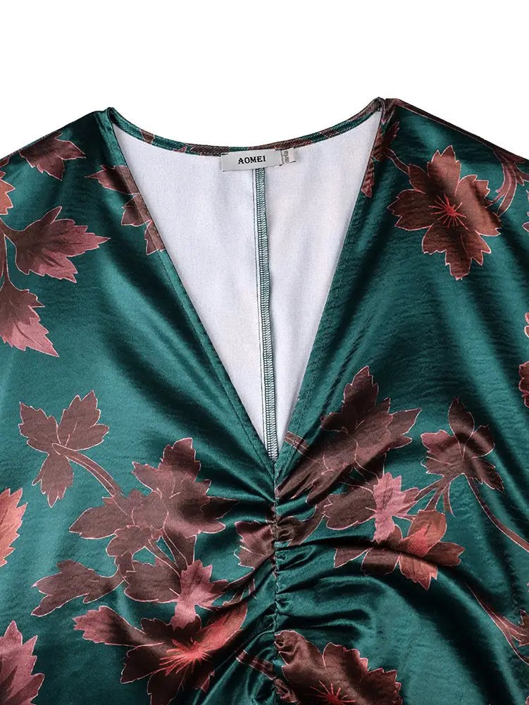 AOMEIDRESS Satin Printer BuBu Dress V Neck Long Batwing Sleeve Fringe