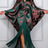AOMEIDRESS Satin Printer BuBu Dress V Neck Long Batwing Sleeve Fringe - DarkGreen / OneSize