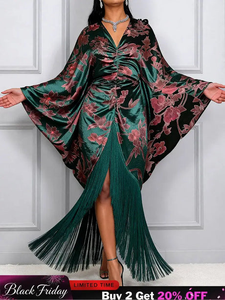 AOMEIDRESS Satin Printer BuBu Dress V Neck Long Batwing Sleeve Fringe - DarkGreen / OneSize