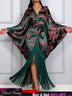 AOMEIDRESS Satin Printer BuBu Dress V Neck Long Batwing Sleeve Fringe - DarkGreen / OneSize