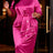 AOMEIDRESS Satin Slim Dress O Neck Long Sleeves Tiered Draped Beading - Rose / L
