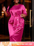 AOMEIDRESS Satin Slim Dress O Neck Long Sleeves Tiered Draped Beading - Rose / L