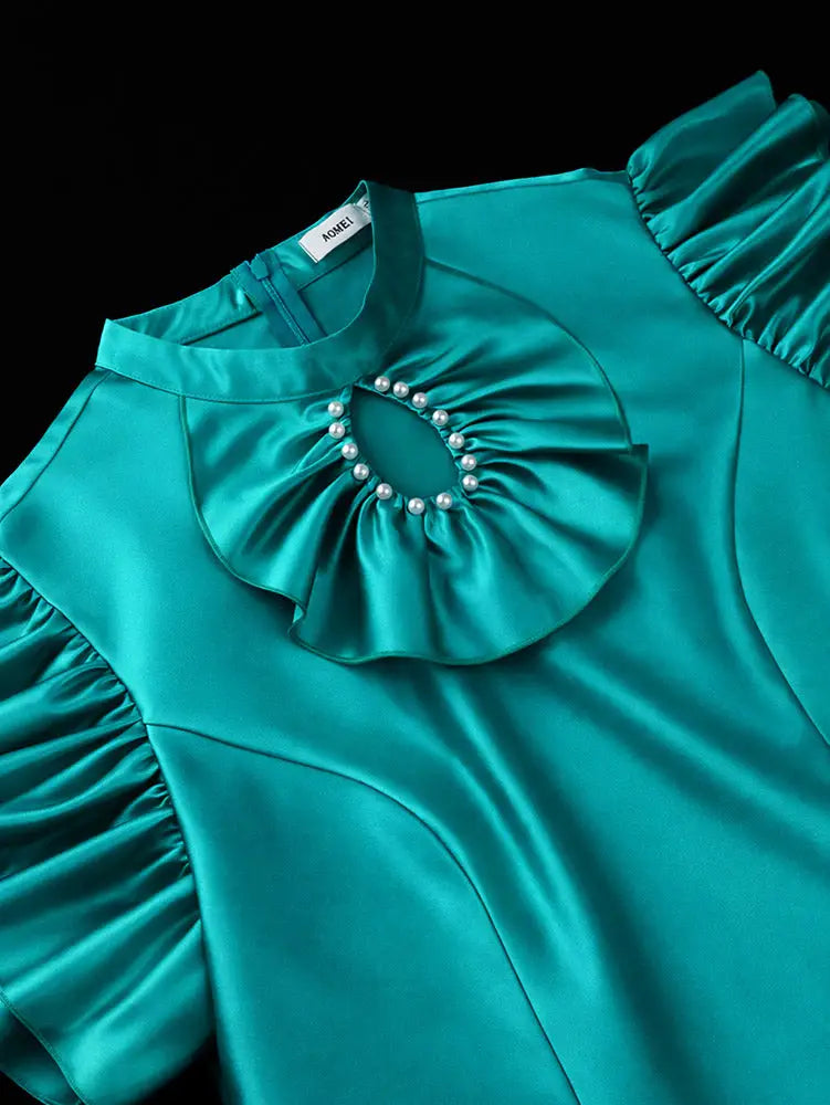 AOMEIDRESS Satin Tops Flying Ruffles Sleeves Hollow Out Beading Party