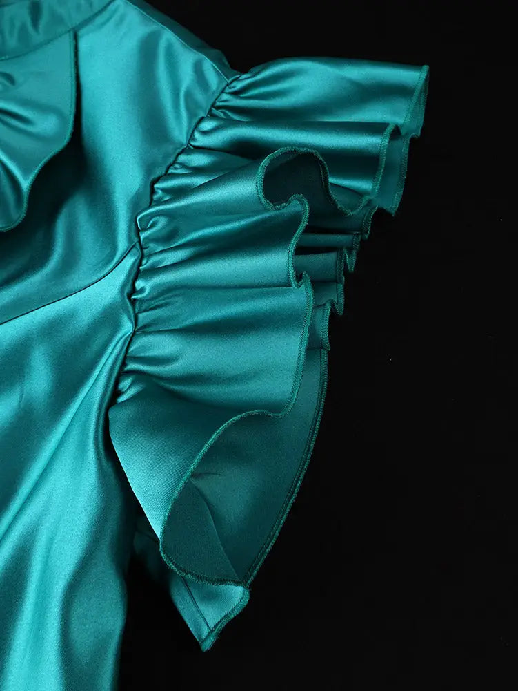 AOMEIDRESS Satin Tops Flying Ruffles Sleeves Hollow Out Beading Party