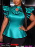 AOMEIDRESS Satin Tops Flying Ruffles Sleeves Hollow Out Beading Party - LakeGreen / S