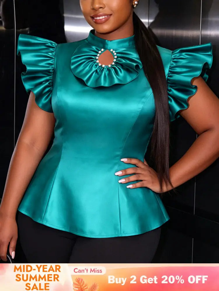 AOMEIDRESS Satin Tops Flying Ruffles Sleeves Hollow Out Beading Party - LakeGreen / S
