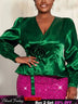 AOMEIDRESS Satin Tops V Neck Long Lantern Sleeve 3D Flower Lace Up - DarkGreen / 0XL