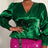 AOMEIDRESS Satin Tops V Neck Long Lantern Sleeve 3D Flower Lace Up - DarkGreen / 0XL