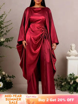 AOMEIDRESS Satin Two Piece Set Batwing Sleeve Dressy Wide Leg Pants