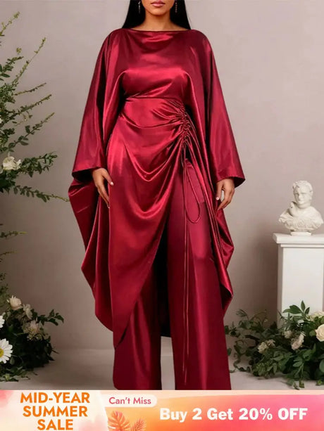 AOMEIDRESS Satin Two Piece Set Batwing Sleeve Dressy Wide Leg Pants