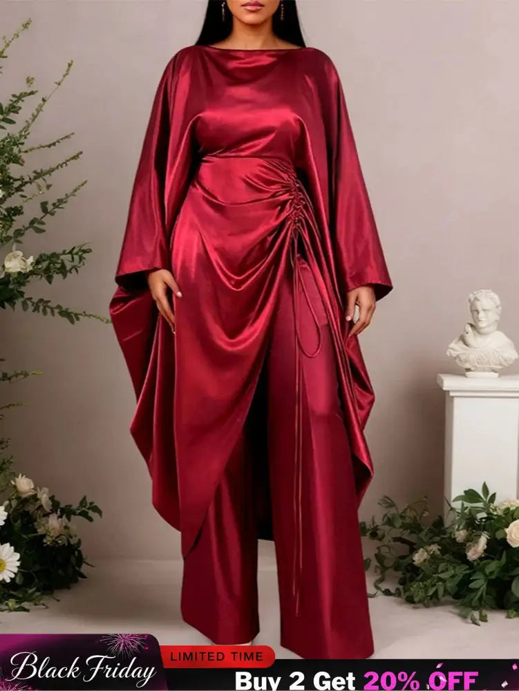 AOMEIDRESS Satin Two Piece Set Batwing Sleeve Dressy Wide Leg Pants
