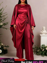 AOMEIDRESS Satin Two Piece Set Batwing Sleeve Dressy Wide Leg Pants