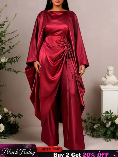 AOMEIDRESS Satin Two Piece Set Batwing Sleeve Dressy Wide Leg Pants