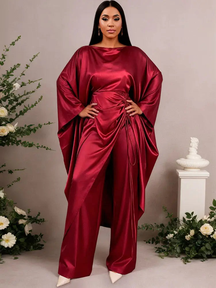 AOMEIDRESS Satin Two Piece Set Batwing Sleeve Dressy Wide Leg Pants