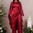 AOMEIDRESS Satin Two Piece Set Batwing Sleeve Dressy Wide Leg Pants - DarkRed / S
