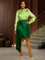 AOMEIDRESS Satin Two Piece Set Color Block Irregular with 3D Flower