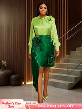 AOMEIDRESS Satin Two Piece Set Color Block Irregular with 3D Flower Green / L