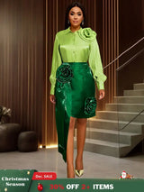 AOMEIDRESS Satin Two Piece Set Color Block Irregular with 3D Flower Green / L