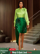 AOMEIDRESS Satin Two Piece Set Color Block Irregular with 3D Flower Green / L