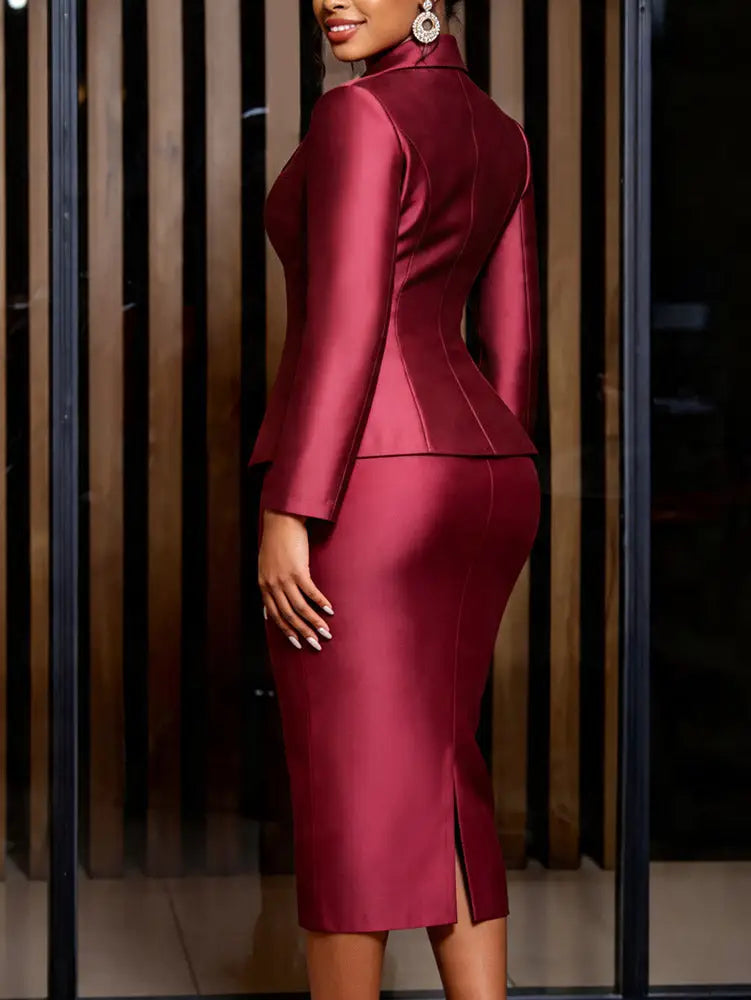 AOMEIDRESS Satin Two Piece Sets Blazer Coat Tank Bodycon Dress Belt