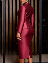 AOMEIDRESS Satin Two Piece Sets Blazer Coat Tank Bodycon Dress Belt