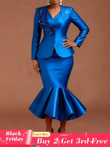 AOMEIDRESS Satin Two Pieces Set Peplum Blazer Tank Mermaid Dress